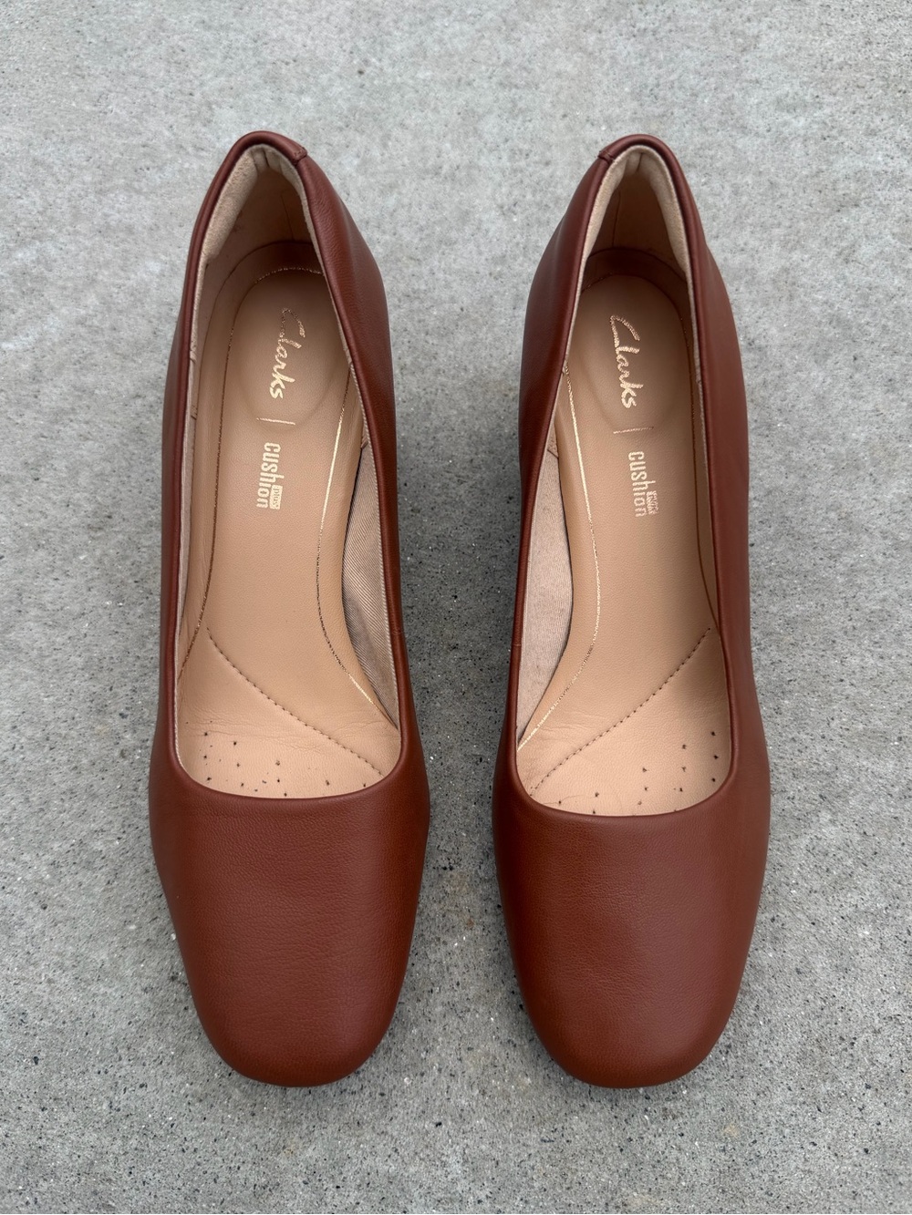 Brown Square Toe Leather Pumps Clarks Cushion Soft Block Heel Work Shoes